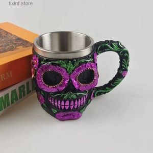 Gobelets 200 / 400ML Crâne Fleur GobletRésine Tasse En Acier Créative Bière Tasse À Café Gothique 3D Verre À Vin Tasses Halloween Cadeau Jour De La Mort 2023 T240218