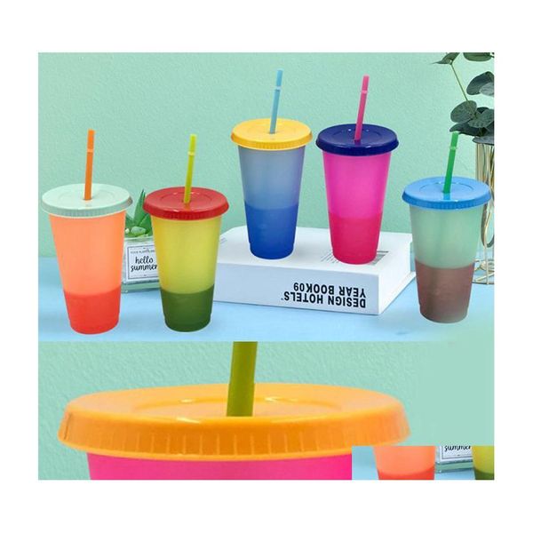 Vasos 24Oz Taza de cambio de color de plástico Pp Material Tazas de detección de temperatura Vaso mágico de 700 ml con tapa y taza para beber St Drop Dhcfi