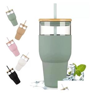 Gobelets Gobelet en verre de 32 oz avec support et couvercle réutilisable Boba Smoothie Cup Café glacé Sile Sleeve s'adapte au support bouteille d'eau Bpa Drop Deliv Dhnde