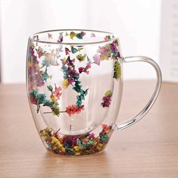 Gobelers 350 ml en verre à fleurs artificielles tasse de café à double paroi à double paroi tasses à chaleur isolées et eau d'été drinkware d'hiver h240506 z464
