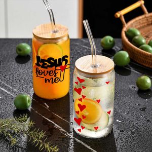 Tumblers 3d imprimer Jésus Series 16oz Libbey Glass Can Cup Mason Water Bottles with Bamboo Lid Parre pour Summer Drinkware H240425