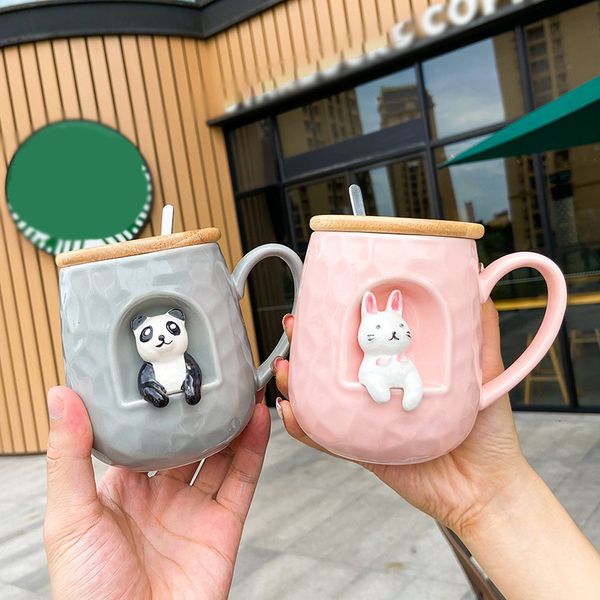 Vasos 3D relieve Taza de cerámica con tapa cuchara personalidad tazas de café animal leña perro taza de té 230520