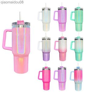 Tumblers 40 oz Tumbler met handvat, deksel en rietje, geïsoleerde regenboogverf, roestvrijstalen reismok, ijskoffiekopje voor warm en koud water HKD230830