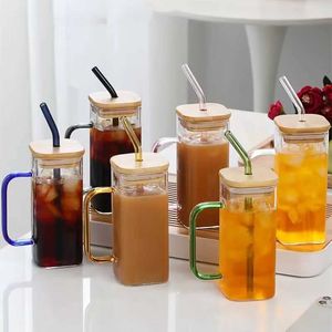 Gobelets 400 ml carrés tasse de verre transparent résistant à la chaleur avec couvercle en bambou et paille à thé de thé à thé