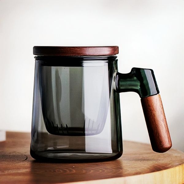 Gobelets 400 ml noyer manche en bois couvercle filtre verre tasse à thé séparation de l'eau parfumée bureau fleur tasse 230729