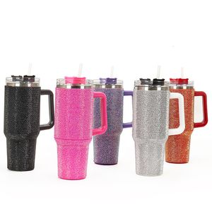 Gobelets 40 oz Diamant Tasses En Acier Inoxydable Bling Tumbler Avec Poignée Couvercle Et Paille Bouteille Thermos Caixa Termica Cadeau Pour Elle 230729