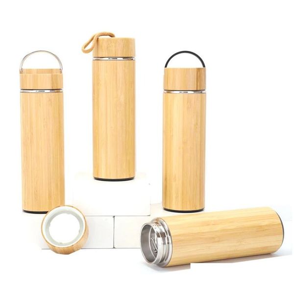 Gobelets 450Ml Bambou Portable En Acier Inoxydable Fiole À Vide Thermos Tasse Ménage Bouteille D'eau En Plein Air Bouilloire Drop Delivery Home Gar Dhuiw