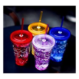 Tuimelaars 50 stks/partij 450 ml Creatieve Colorf Dubbellaags Plastic Beker Met Deksel Zomer Goud Poeder Sap Kopjes Water cup-Met St 15.5X6.5C Dhfsw