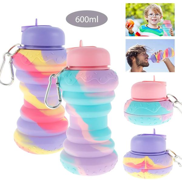 Tumblers 600 ml Botella de agua de silicona plegable Deportes de viaje con paja Taza portátil al aire libre Gimnasio Camping Senderismo Hervidor 231018