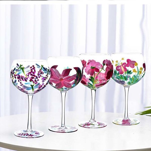 Vasos 610ml Copas de vino de colores nórdicos Flores pintadas a mano creativas Patrón Copa roja Copa de boda Cristal Champán Drinkware 230228