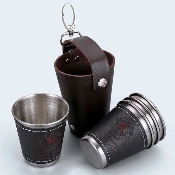 Gobelers 70 ml de vitrage de prise de vue 304 tasse flash hanche en acier inoxydable extérieur vodka russe alcool avec du cuir PU H240425