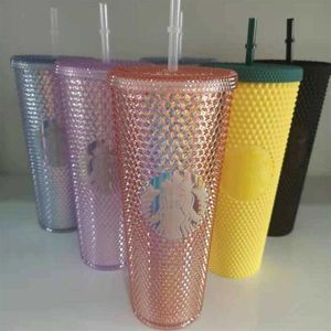 Gobelets 710 ml personnalisé Starbucks tasses irisé Bling arc-en-ciel licorne clouté tasse froide tasse à café avec paille239j