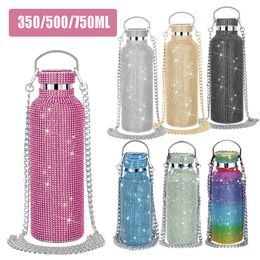 Tumblers bling diamant thermosflessen draagbare flits diamant water fles crossbody roestvrij stalen warmte staaf 350 ml500 ml750 ml 230508