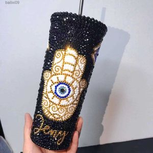 Tumblers Bling Evil Eye Tumbler Anpassen Name Strass Edelstahl Stroh Wasserflasche 700 ml Türkische Auge Thermosflaschen Kaffeetasse T230905