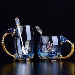 Tuimelaars Blue Rose Enamel Crystal Cup Bloem Thee Glas Hoogwaardige Mok met Handgreep Perfecte Gift Voor Minnaar Bruiloft 230531