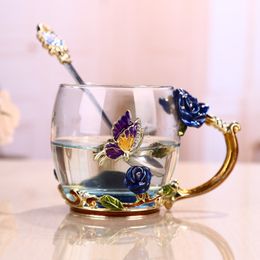 Tumblers Blue Rose Email Crystal Tea Cup Coffee Mok Butterfly Bloemwater met lepel Drinkware Glass Liefhebber Wedding Gift 230520