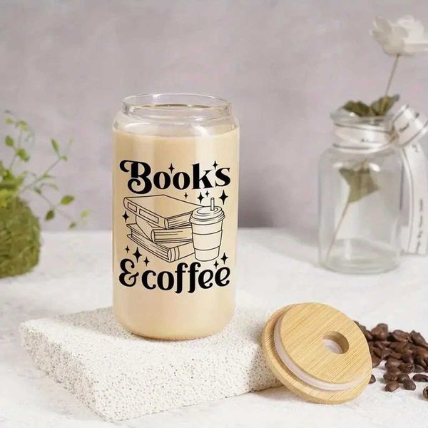 Bookrs Books Modèle de café 16 oz de verre à boire avec couvercle en bambou et paille de bois de bois peut bouteille de boissons d'été Casse H240425