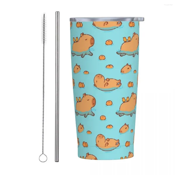 Gobelets Capybara Natation Oranges Gobelet isolé avec pailles et couvercle Tasse thermique de voyage en acier inoxydable pour animaux Tasse à thé smoothie 20 oz