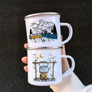 Gobelets caravane imprimé campeur tasse émail aventure feu de forêt fête bière jus montagne poignée cadeau 230531