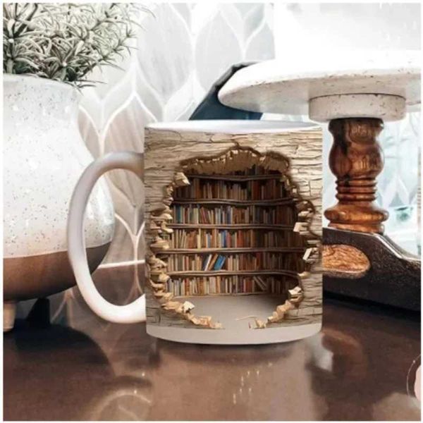 Tumblers Céramic 3d Library Livre Mug Shelf Creative Space Design Multi-Purpose Coffee Cup Study Milk Friends Ammerday Gift H240425