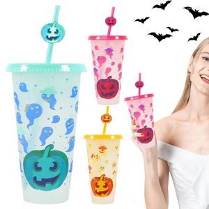 Gobelets à changement de couleur avec couvercles et pailles, 3 pièces, tasse de fête au Design fantôme de citrouille d'halloween, gobelet réutilisable de 24oz, café épais, 3 pièces