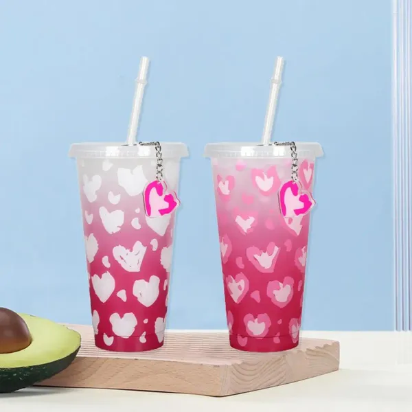 Tumblers Taza de paja que cambia de color Día de San Valentín Juego de tazas que cambian de color con llavero con patrón de corazón Grado alimenticio para dos