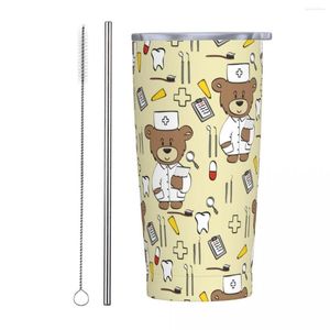 Vasos Doctores Enfermería Oso Vaso aislado con pajitas y tapa Taza térmica de viaje de acero inoxidable Taza de doble pared de 20 onzas