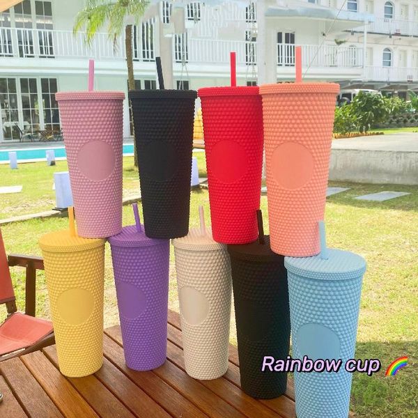 Tumblers Aislamiento de doble capa Taza de paja de plástico 710 ml Remache de maíz Diamante Café Piña Durian Termos Tasse