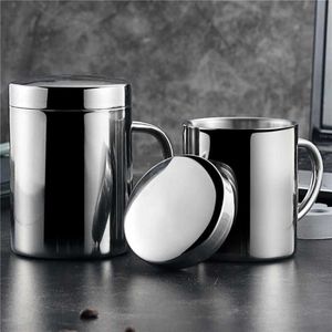 Gobelets Tasse à café en acier inoxydable à double paroi avec couvercle Tasse portable Gobelet de voyage Pichet Tasses à thé au lait Tasses d'eau de bureau L2401