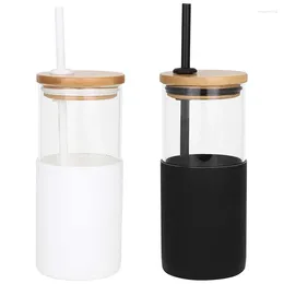 Gobelers verre gobelet avec paille de manche en silicone à couvercle de bambou (16 oz) ensemble 2 pièces écologique réutilisable (noir blanc)