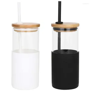 Tumblers Glassumbler met bamboe deksel siliconenhuls stro (16 oz) 2-delige set milieuvriendelijk herbruikbaar (wit zwart)