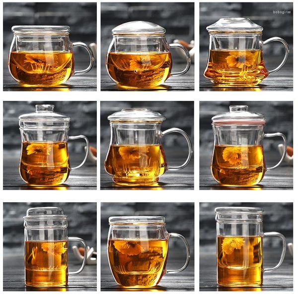 Vasos de vidrio con té de crisantemo, taza transparente de fondo plano, se puede calentar una pequeña casa para beber de color verde y naranja.