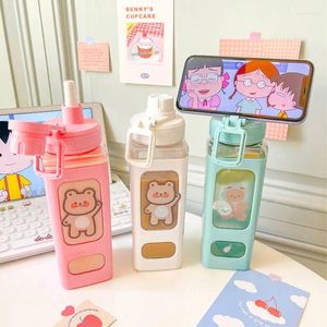 Tumblers Kawaii Beer Pastel Waterfles Met 3D Sticker 700ml Plastic Reizen Thee Sap Melk Draagbaar Schattig Shaker Drinken Stro Cadeau