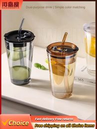 Gobelets KAWASIMAYA Tasse en verre avec couvercle paille été maison boire femmes s 2024 jus de fruits lait thé café 231122