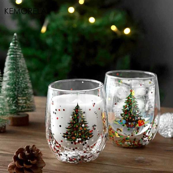 Gobelers kemorela 1pcs Nouveau mur à double mur de Noël tasse de verre thermique belle résistante pour le café au café barrage de buvettes h240506
