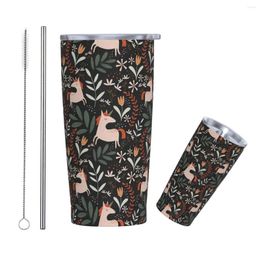 Tumblers Springende Eenhoorns Geïsoleerde Tumbler Met Rietjes En Deksel Schattig Patroon Roestvrij Stalen Reis Thermische Beker 20 Oz Smoothie Theemokken