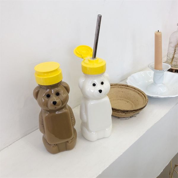 Vasos Lovely Cartoon Bear Botella de agua con tapa a prueba de fugas Sin pajita Viaje en casa Parejas Niños Festival Regalo 20220527 D3