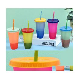 Vasos Taza mágica que cambia de color Vasos Tazas de plástico para beber con tapa y St Candy Colors Magics Taza de café Wll742 Entrega de gota Dhbgu