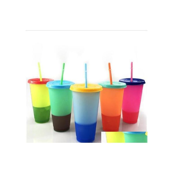 Tumblers Magic Plastic Beber Tumblers Llegada Color Cambio de tazas Tapa St Colorf Coffee Tazas Thermo cromic Caca Color