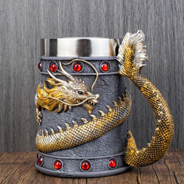 Vasos Mighty Asian Dragon Mug Tankard 304 Resina de acero inoxidable 3D Retro Beer Tankard Stein Cup Tazas Regalo de cumpleaños 600ml 20oz 230625