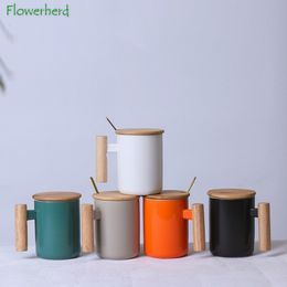 Tumblers Nordik Pegangan Kayu Keramik Porselen Mug Kopi Cangkir Sastra Air Teh Susu Minum Peralatan Perlengkapan 230510