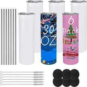 Gobelets Pack de 6 gobelets en verre sublimés de 30 oz avec couvercle et paille, tasse isolée à Double paroi en acier inoxydable, bricolage Durable