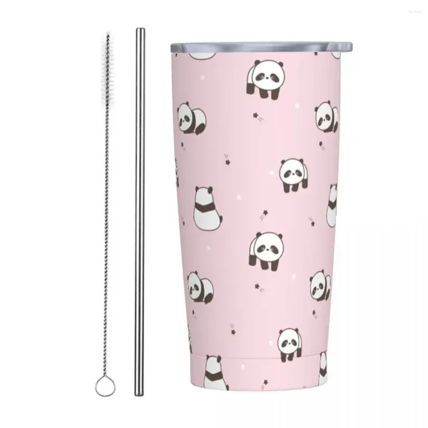 Vasos Rosa Lindo Panda de dibujos animados Vaso aislado con tapa de pajitas Taza térmica de vacío de animal encantador Taza de bebidas frías de doble pared 20 oz