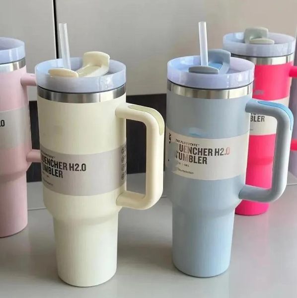 Tumblers Prêt à expédier Tumbler Trempe 40oz H2.0 avec logo Couvercle de poignée de tasse en acier inoxydable et paille Bouteille d'eau de tasse de voiture de deuxième génération