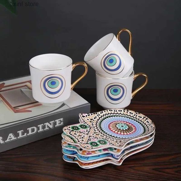 Tumblers retro colgando oreja creativa de cerámica taza de café turco y platillo juego de diablo hamsa plato a mano dim sum boutique boutique regalo T240218