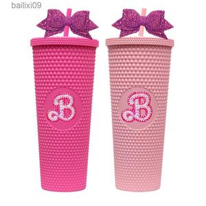 Tumblers Rhinestone B Tumbler met stro glitter strik geïnspireerd roze Barb bezaaid Tumbler BPA gratis waterfles herbruikbare kopjes cadeaus voor haar T230905