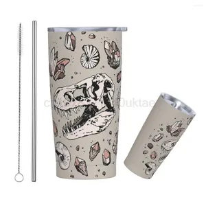 Vasos de cuarzo rosa, diseño de calavera de dinosaurio, arte fósil, vaso de 20 onzas, taza térmica de viaje con aislamiento al vacío con tapa, taza para el hogar de acero inoxidable