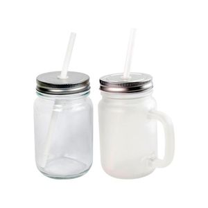 Tumblers sublimatie drinkware 16oz blanco heldere matte metselpotten met handvat voor doe -het -zelfliefhebbers dubbele muur 430 ml glazen mokken warmte tran dhuid