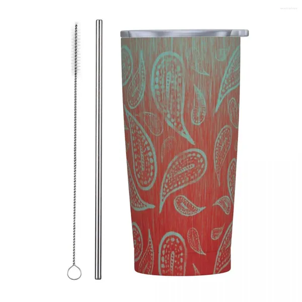 Tumblers Gobelet isolé vert sarcelle rouge Paisley Mandala avec pailles et couvercle tasse à café de voyage en acier inoxydable 20 oz à double paroi