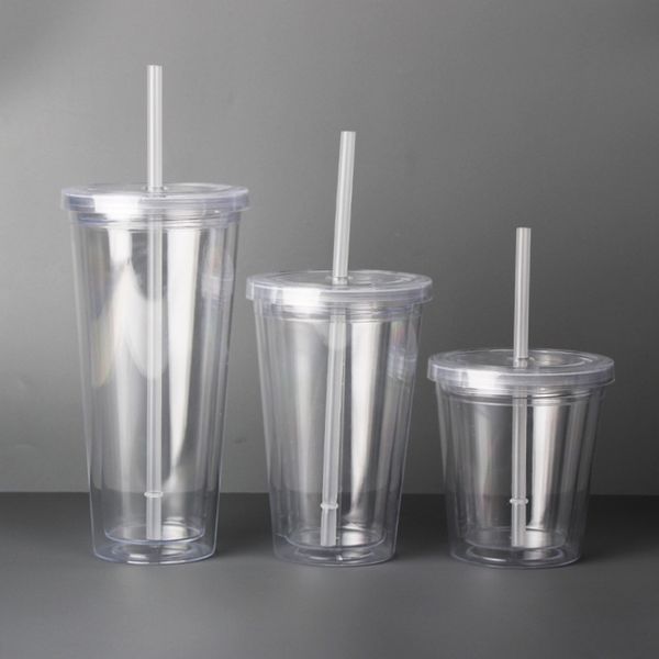 Vasos transparentes de paja taza de bebida de doble pared hielo frío batido té taza reutilizable tazas de café de plástico de viaje 20220601 D3